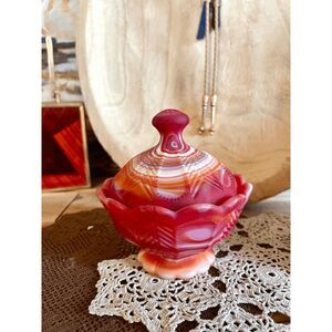 Vintage Imperial Glass Red Satin Slag Dish w/Lid and Tag Candy Dish